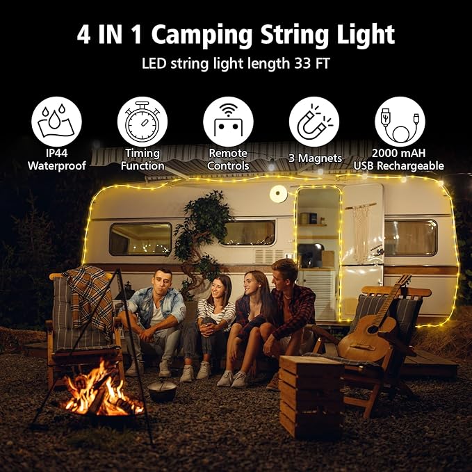 Camping String Lights 33ft, 4 in 1 Rechargeable 100 LED Outdoor Tent String Lights with 14 Lighting Modes Remote Control Waterproof with Timer Function for Camping Gear Essentials Hiking Yard Garden