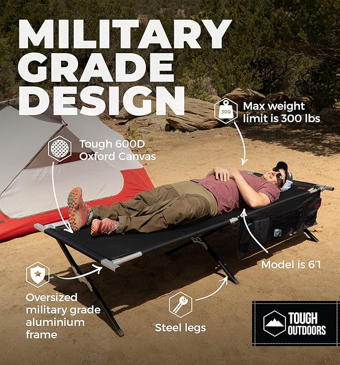 Tough Outdoors Camping Cot for Adults - Oversized Camping Cot - Durable Heavy Duty Military Bed - Elevated Foldable Cot & Camp Cots for Adults - XL Cot up to 300 lbs - w/Organizer & Storage Bag