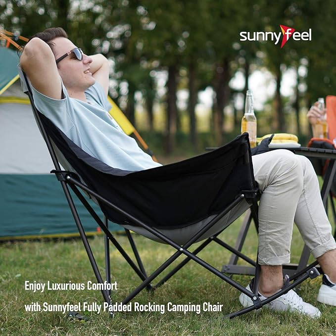 SUNNYFEEL Oversized Rocking Camping Chair, Fully Padded Patio Chair with Side Pocket, High Back Portable Lawn Recliner with Headrest, Outdoor Camp Rocker Chairs for Adults Heavy Duty 300 LBS