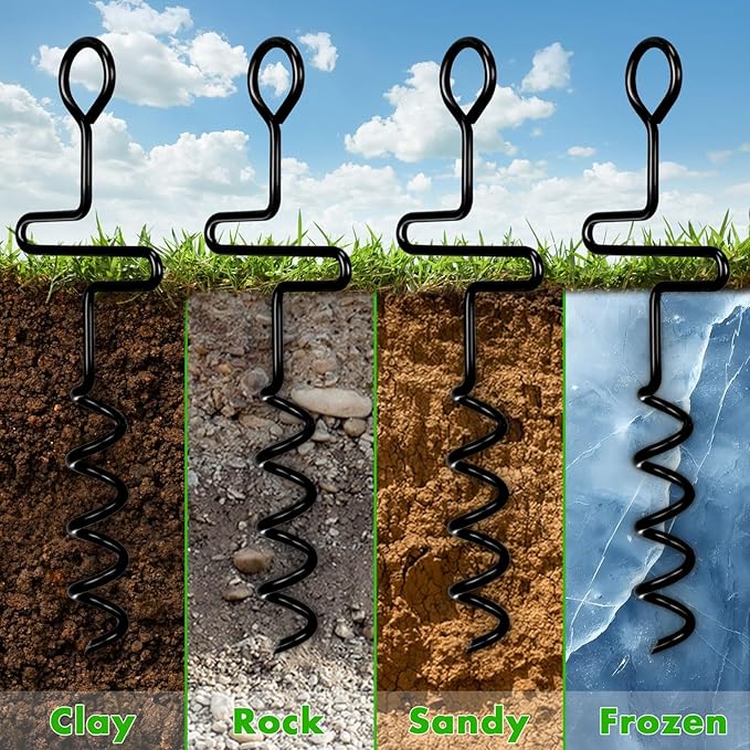 4 Pack Hunting Blind Stakes, 13 Inch Metal Spiral Tent Tacks, Heavy Duty Camping Tent Auger Stakes for Hunting Blinds and Tarps, Screw in Stake Ground Anchors for High Winds, Black