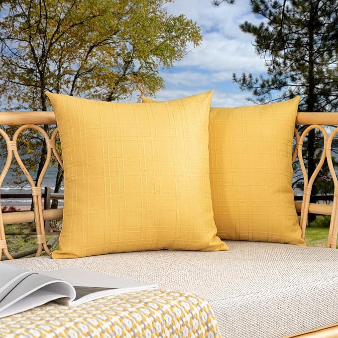 Kevin Textile Pack of 2 Decorative Outdoor Waterproof Throw Pillow Covers Checkered Pillowcases Classic Cushion Cases for Patio Couch Bench 16 x 16 Inch Yellow