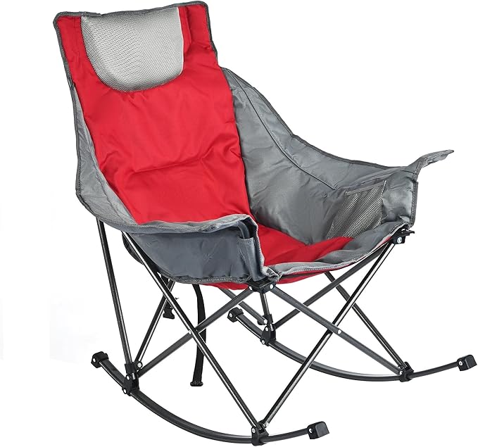 SUNNYFEEL Rocking Camping Chair, Luxury Padded Recliner, Oversized Folding Lawn Chair with Pocket, Heavy Duty for Outdoor/Picnic/Lounge/Patio, Portable Camp Rocker Chairs with Carry Bag