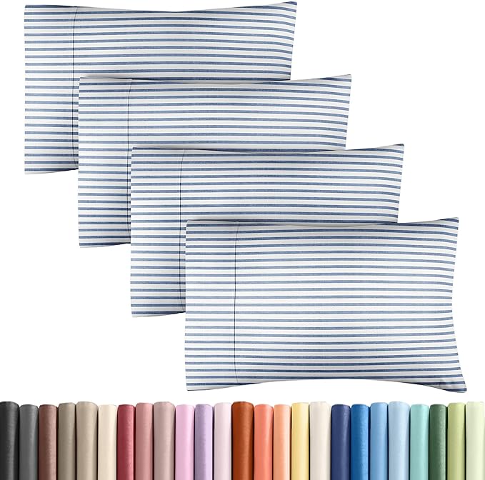 CGK Unlimited Queen Size Pillow Case Set of 4 - Soft, Premium Quality Microfiber Fabric - Blue Stripes 2, 20x40, 20x36 & 20x48
