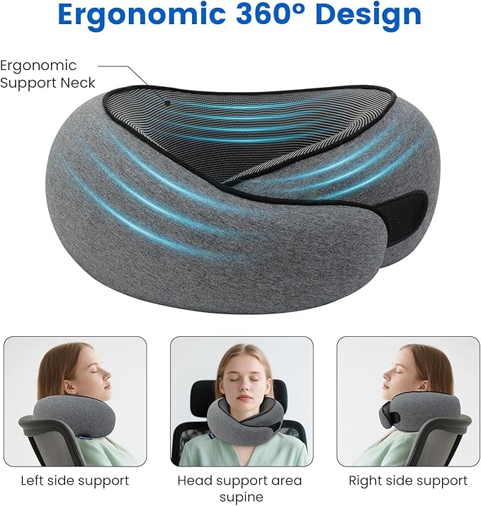 Neck Pillow for Airplane Travel Memory Foam Neck Travel Pillow with Eye Mask & Ear Plugs, Portable Carry Bag for The Comfort of Travel & Office, Travel Pillow for Plane, Car, Home, Work, Dark Grey