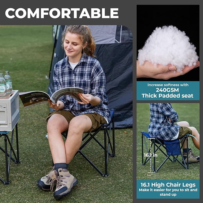 FUNDANGO Folding Camping Stool, 2 Pack 18.1 Inch Oversized Foot Rest 440 Lbs Heavy Duty Portable Padded Stools Seat Anti-Slip Foots & Carry Strap for Fishing Outdoor Lawn Travel (Black)