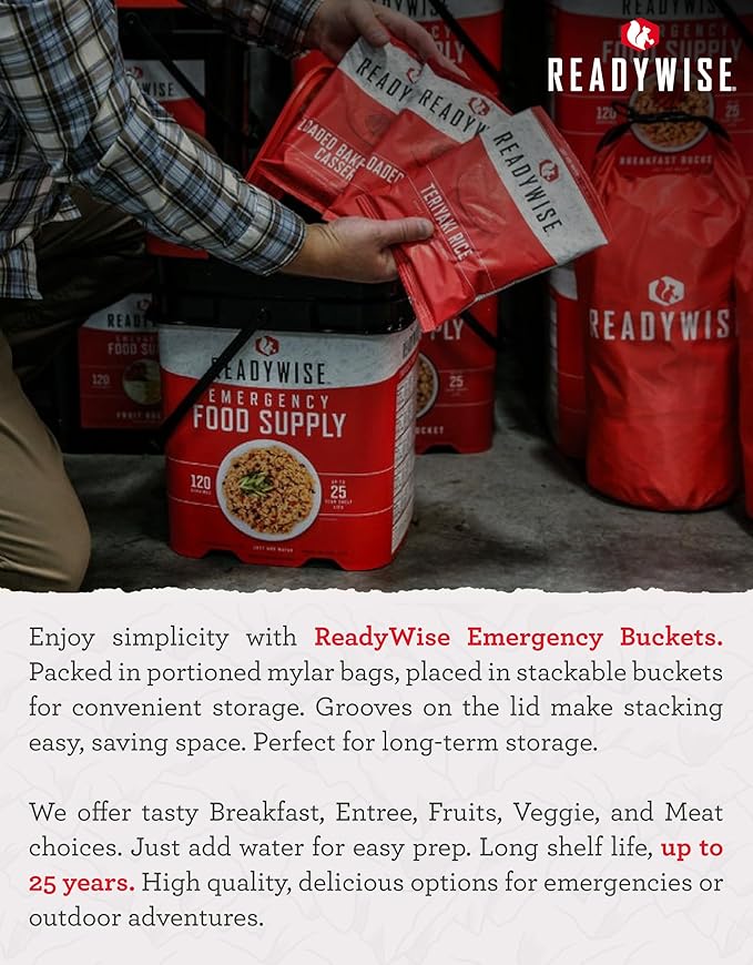 ReadyWise Emergency Food Supply - 132 Servings, Survival Bucket, Dehydrated & Freeze Dried Protein Meals, Camping Essentials, Ready to Eat Disaster Prepping Supplies,up to 25 Year Shelf Life