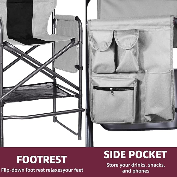 30" Tall Directors Chair with Side Table, 400LBS Bar Height Folding Camping Chair for Makeup Artists, Outdoor Events, Portable Foldable Chair with Cup Holder & footrest - Gray/Black
