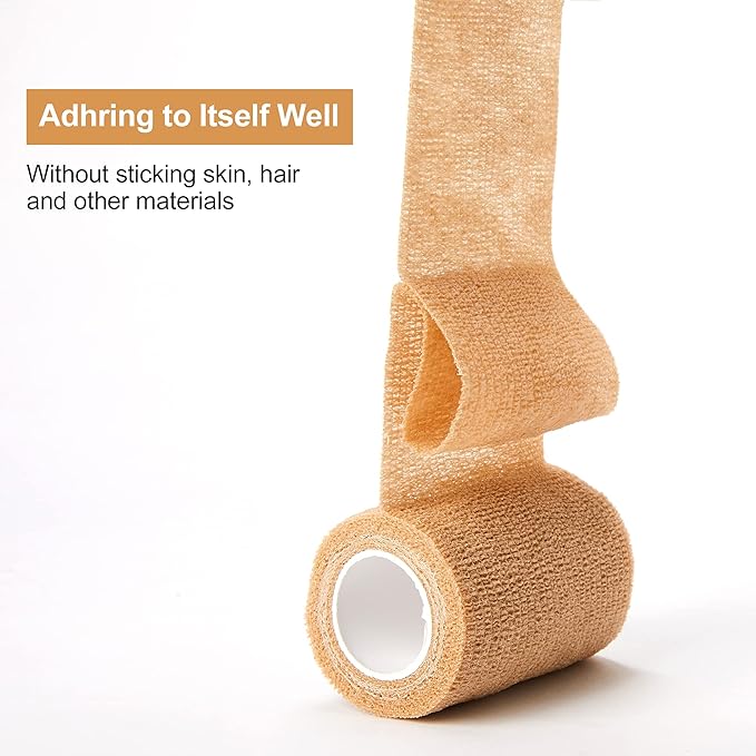 12 Bulk Pack Cohesive Tape, Self Adherent Wrap 2 Inches X 5 Yards - Self Adhesive Bandage Medical Vet Wrap for First Aid, Sports Protection and Wrist, Ankle Sprains & Swelling