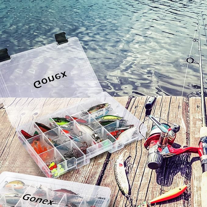 Gonex Fishing Tackle Boxes, 3600 3700 Tackle Trays with Adjustable Dividers, Clear Plastic Tackle Box Organizer Storage for Fishing Lure Bait Hook Jewelry Craft Beads Earring Container, 3 or 4 Packs