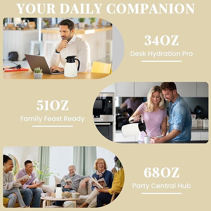 68 Oz Thermal Coffee Carafe, Stainless Steel Insulated Vacuum coffee crafts to keep coffee hot, 2 Liter Tea Water Coffee and Beverage Dispenser (Cream)