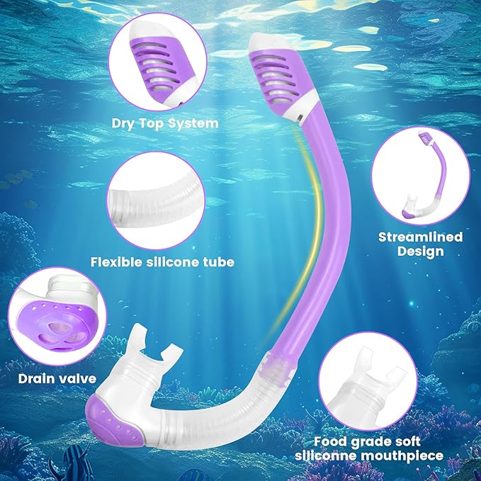 Vvinca Snorkeling Gear for Kids Dry Top Kids Snorkel Set for Boys Girls Junior Youth Children Age 4-14 Swim Goggles with Nose Cover Anti-Fog Panoramic View Adjustable Elastic Diving Mask and Snorkel