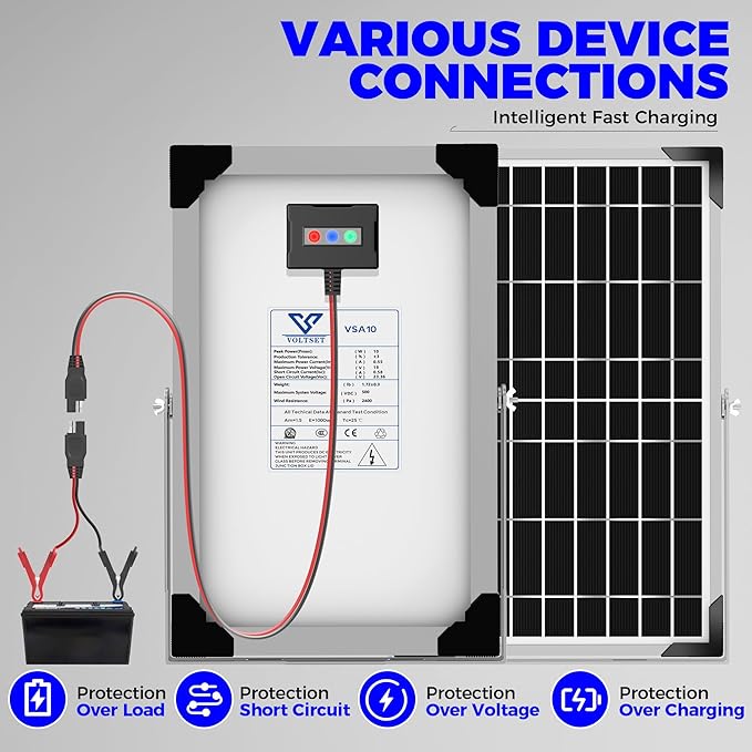 Solar Battery Trickle Charger: 10 Watt 12V Solar Panel Maintainer for Car Boat - Waterproof Monocrystalline Solar Charger with Controller for RV Marine Trailer Truck Motorcycle