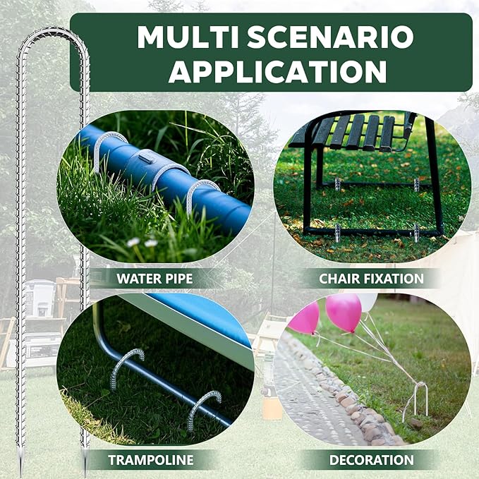 10 PCS Trampoline Stakes Anchors High Wind Heavy Duty,U Shaped Garden Hooks Stakes for Ground,Trampoline Tie Down Anchor Kit,Bounce Horseshoe House Stake,Rebar Camping Tent Stakes,16 Inch Long Silver