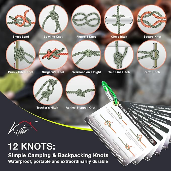 Outdoor Knots Mastery Guide - Essential Backpacking, Scouting & Camping 12 Portable Pocket Size Knot Cards - Waterproof Portable Reference with Mini Carabiner, Regular