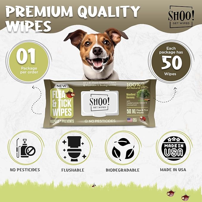 Shoo! Flea & Tick Wipes for Dogs | Convenient, Easy On-The-Go Protection | Plant Based, Natural Oils, Chemical Free | Repels & Prevents | 50 XL Wipes | (Woodland Harmony)