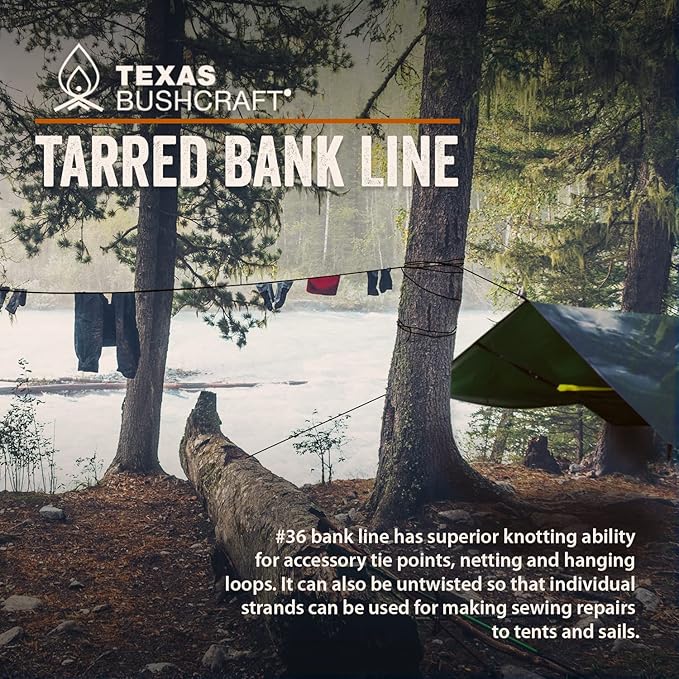 Texas Bushcraft Tarred Bank Line Twine - #36 Black Nylon String for Fishing, Camping and Outdoor Survival – Strong, Weather Resistant Bankline Cordage for Trotline
