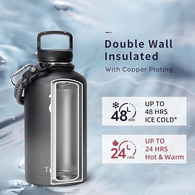 Trebo Water Bottle 64oz with Paracord Handle, Half Gallon Large Vacuum Double Wall Stainless Steel Insulated Water Jug with Straw Spout Handle Lids, Leakproof BPA-Free Keep Cold & Hot, Dark Gray