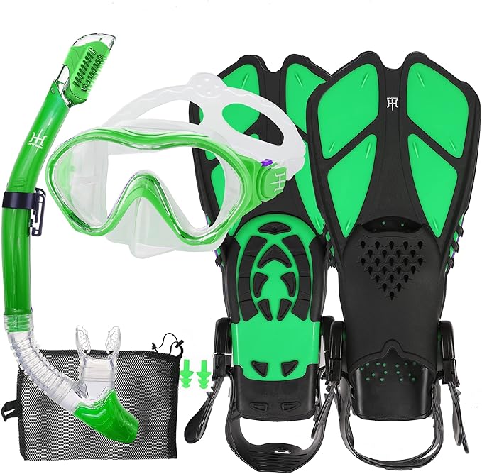 Kids Mask Fins Snorkel Set Snorkeling Packages, with Diving Mask, Snorkel, Adjustable Swim Fins, Mesh Bag, Anti-Fog Anti-Leak Snorkeling Gear for Kids for Snorkeling Swimming Diving