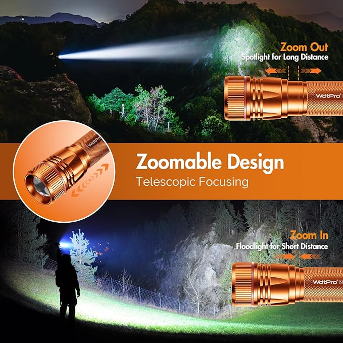 WdtPro Rechargeable Flashlights High Lumens, 2 Pack Super Bright LED Small Tactical EDC Flashlight with 10H Runtime, Portable Flash Light for Camping,Home,Emergency Essentials Orange Battery Included