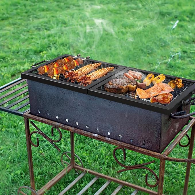 only fire Foldable X-Marks Fire Pit Cooking Grate, Portable Rectangle Campfire Grill Grate with Handles, Heavy Duty Steel Campfire BBQ Grill for Outdoor, 32 inch