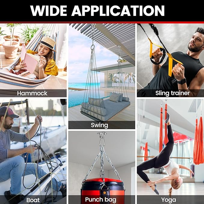 sprookber 304 Stainless Steel Pad Eye Snap Hooks, M10 Heavy Duty Ceiling Hooks, 1700lb Capacity Hammock Swing Hanging kit, Plant Hangers, Marine Hardware Staple Hook Loop with Screws, Set of 8