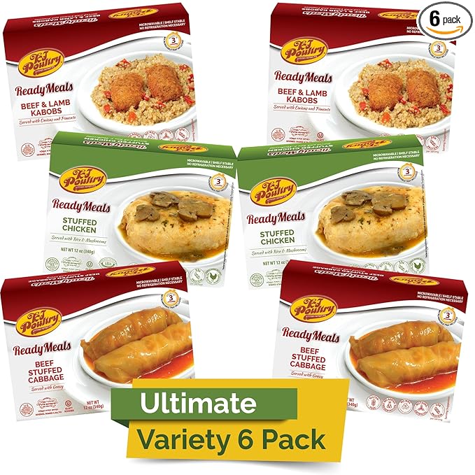 KJ Poultry Kosher Ready Meals - (6 Pack Ultimate Variety - Beef & Chicken) Prepared Entree Fully Cooked, Shelf Stable Microwave Dinner Travel Military Camping Emergency Survival Protein