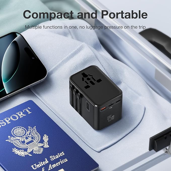45W Universal Travel Adapter – Compact Plug with 3 USB-C & 2 USB-A Ports for EU/UK/US/AU, International Power Adapter Worldwide Charger, CE/FCC/RoHS Certified (Blue)