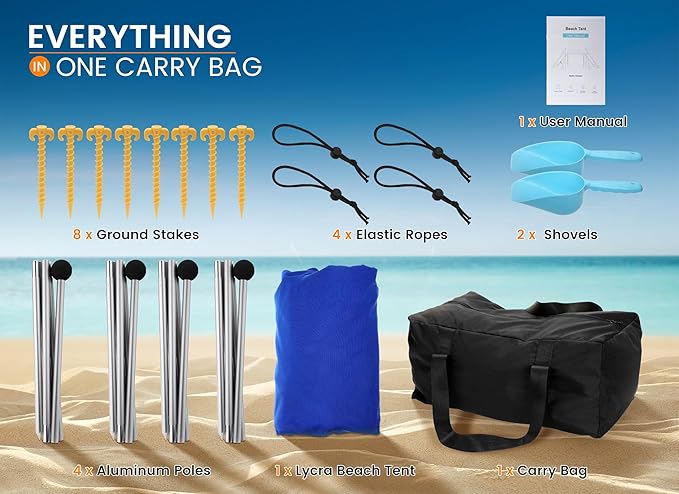 Beach Tent Sun Shelter, Portable Sun Canopy UPF50+ Outdoor Shade with 4 Stability Poles and 8 Sandbags, 10 x 10ft, Sand Shovel, Ground Pegs and Carry Bag for Beach, Camping, Fishing, Picnics