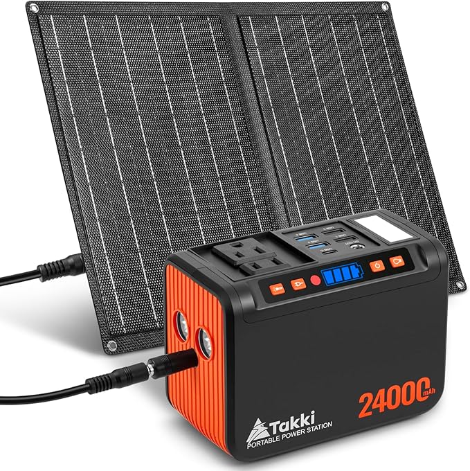 Takki 120W Peak Solar Generator Portable Power Station with 21W Panels, 88Wh Solar Charger Power Bank AC DC USB Ports for Camping Tent Laptop Outdoor Emergency Home Use