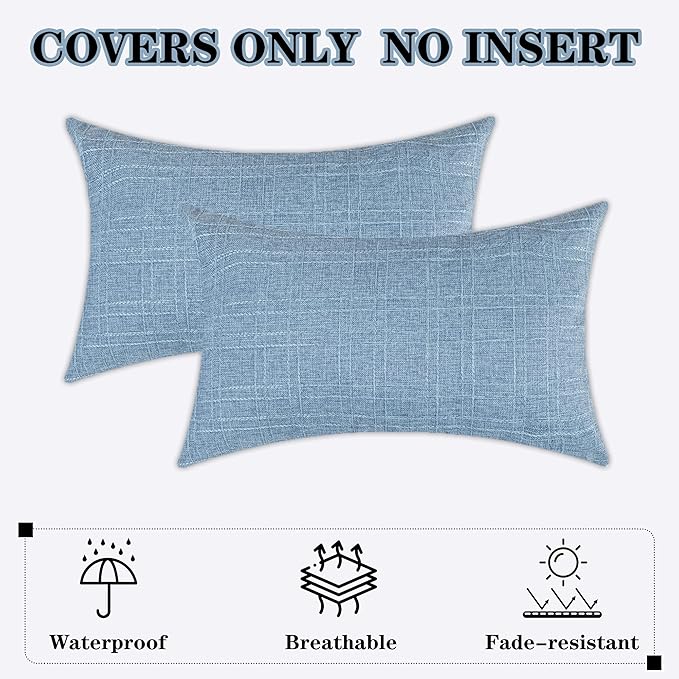 Kevin Textile Pack of 2 Outdoor Waterproof Throw Pillow Covers Decorative Square Outdoor Checkered Pillows Cushion Case Patio Pillows for Couch 12x20 inches 30x50 cm Light Blue