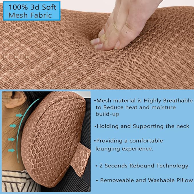 REEZEIVI 1Pack Headrest Pillow for Patio Chaise Lounge,Chaise Lounge Pillows Outdoor 3D air mesh with Elastic Band,Quick Drying and Washable Spa Pillow for Recliner,Beach Chair,Office Chair,Brown