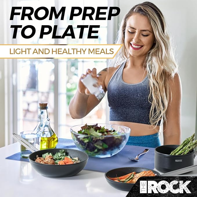 THE ROCK Single Serve Nonstick Pots and Pans Set, 4pc Portion Control Cookware Set with Rock.Tec, Scratch/Stain/Crack Proof, Oven & Dishwasher Safe, Perfect for Dorm, Camping & Small Kitchens, Black