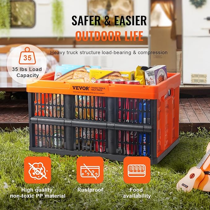 VEVOR 45L Collapsible Milk Crates 3 Packs, Stackable Storage Baskets with Handles, Folding Storage Containers for Organizing Tools, Books, Food, Drinks, Camping & Transport