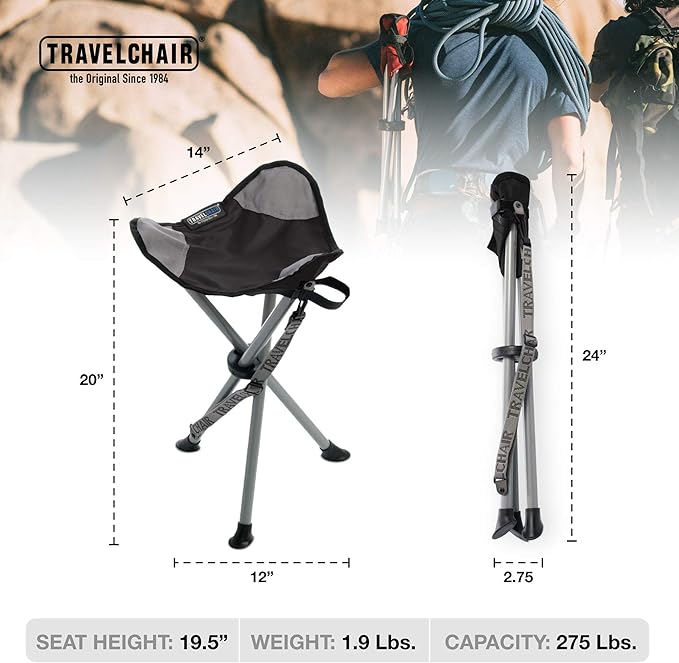 Travel Chair Slacker Tripod Chair for Camping, Lightweight Chair, Adjustable Carry Strap for Easy Transport | Oversized Duck Feet for Improved Stability | Perfect for Outdoor Adventures (Black)