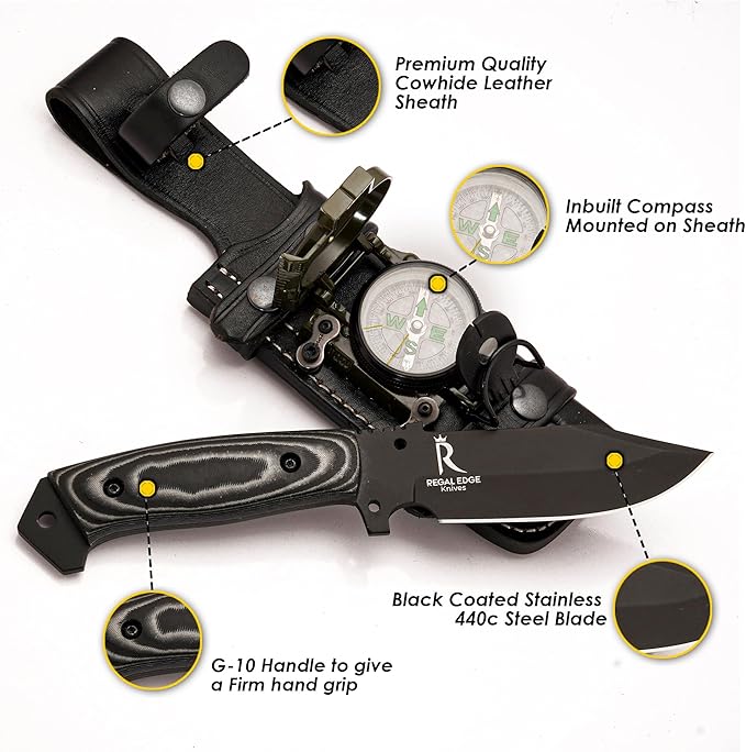 Fixed Blade Knife 10” Hunting Knife With Built-in Military Compass And Leather Sheath - G10 Handle Survival knives for Camping, Hiking, and Outdoor Use