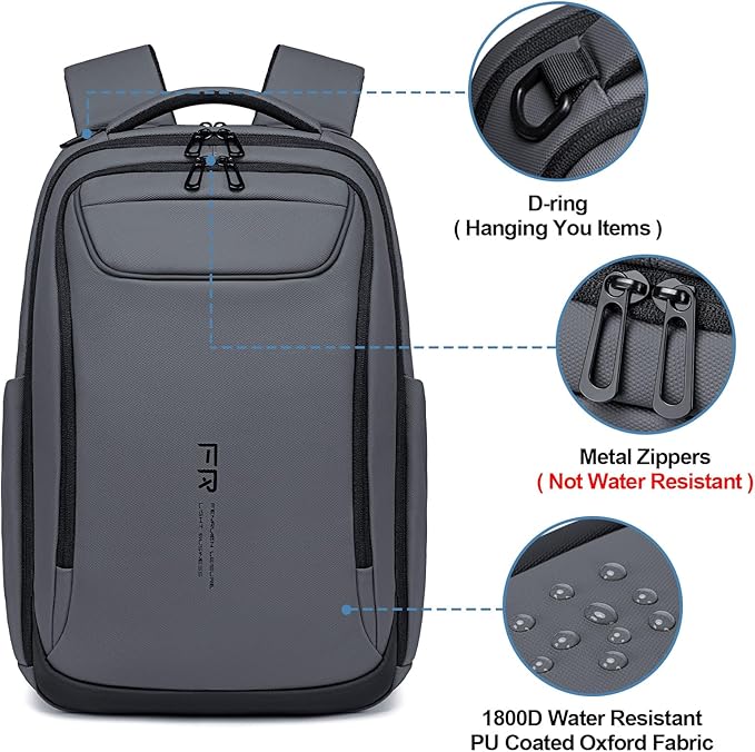 FENRUIEN Work Backpack for Men,Water Resistant Smart Backpack with USB Charging Port,Grey Laptop Bag 15.6 Inch