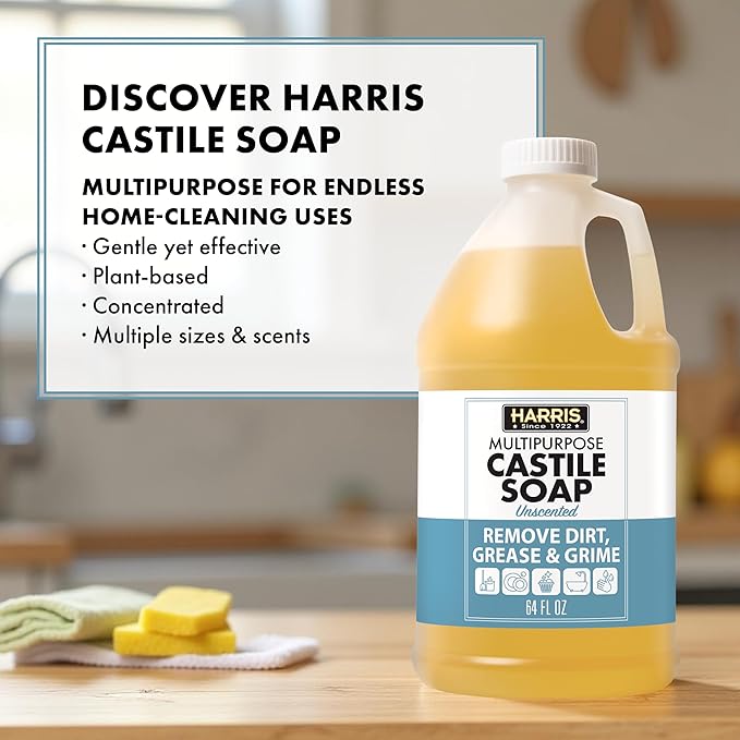 HARRIS Multi-Purpose Pure Castile Soap, Made with Olive, Coconut, and Pine Tree Oil, Uses for Cleaning Face, Body, Hand, Hair, Home, Dishes, and Laundry