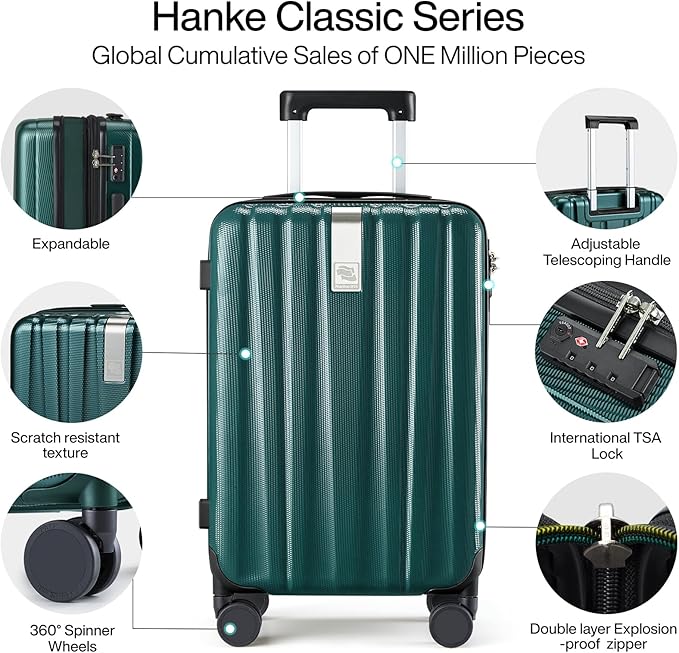 Hanke 24 Inch Expandable Checked Luggage Lightweight PC Hard Shell Luggage Suitcases with Wheels Travel Luggage Rolling Large Suitcase Travel Luggage Bag for Go to University.(Blackish Green)