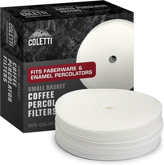 COLETTI Percolator Coffee Filters — Disc Coffee Filters For Percolators – For Classic Enamel Percolator Coffee Pots – Perfectly Tasteless, Mesh Filter [100 pack, Synthetic, 3.3” Small Basket]