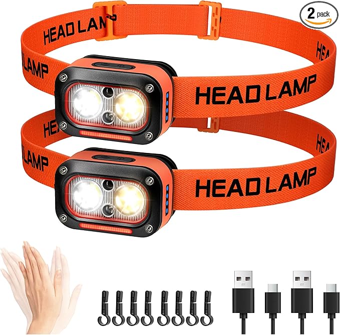 DARKBEAM LED Headlamp High Lumens USB Rechargeable Dual Light Headlight for Hardhat with Motion Sensor, Red Warning Light Up/Down Adjustable, Waterproof Head Lamps for Camping, Car Maintenance, 2 Pack