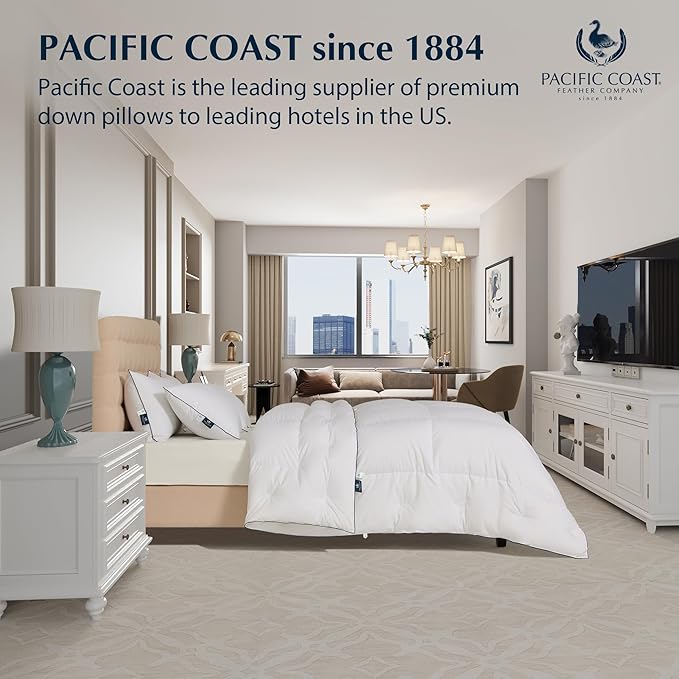 Pacific Coast Pillows Queen Size Set of 2, Goose Feather and Down Pillow for Sleeping, 3-Chamber Hotel Pillow for Side Sleepers and Back Sleepers