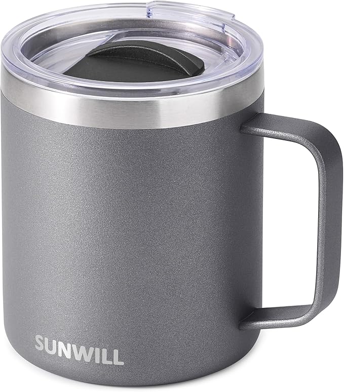 SUNWILL Travel Coffee Mug with Lid, Insulated Tumbler with Handle, 14 oz Stainless Steel Cup for Ice, Water, Tea, Powder Coated Cool Grey