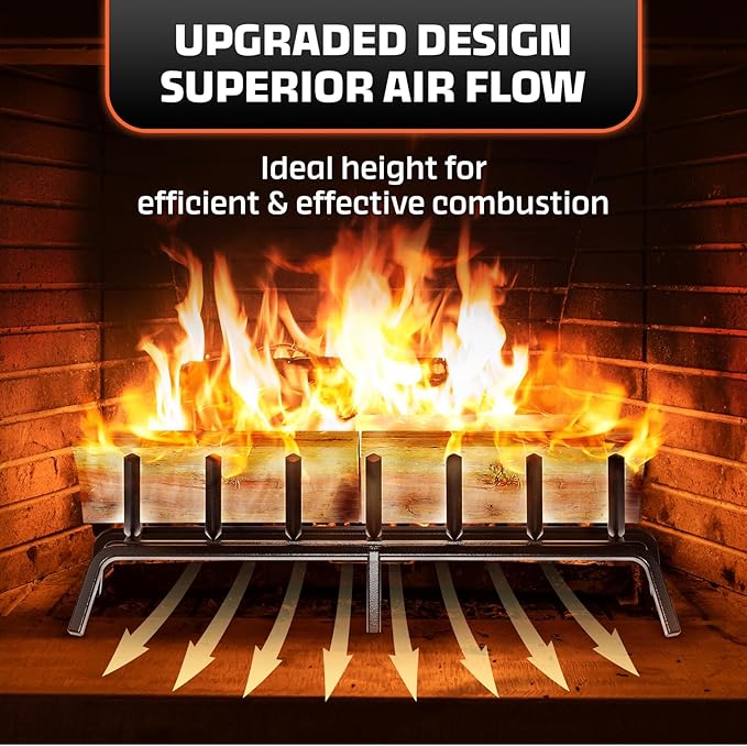 IDZO Solid Steel Fireplace Grate 30 Inch, Upgraded Fireplace Log Grate with Extra Leg for Sturdy Stand & Better Air Flow, Quick Assembly Bar Fire Grates for Indoor & Outdoor