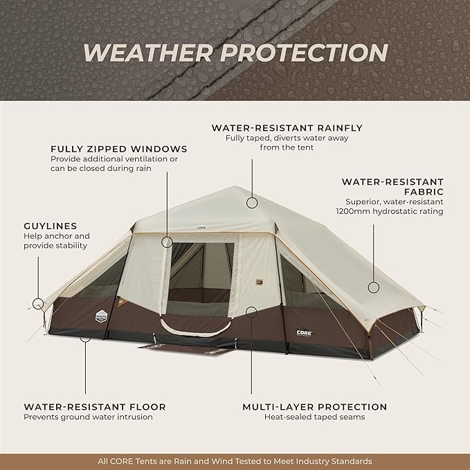 CORE Instant Cabin Tent with LED Lights | Large Family Lighted Pop Up Tent with Carry Bag for Camping, Glamping, and Backyard Adventures | Included Storage Pockets for Camp Accessories