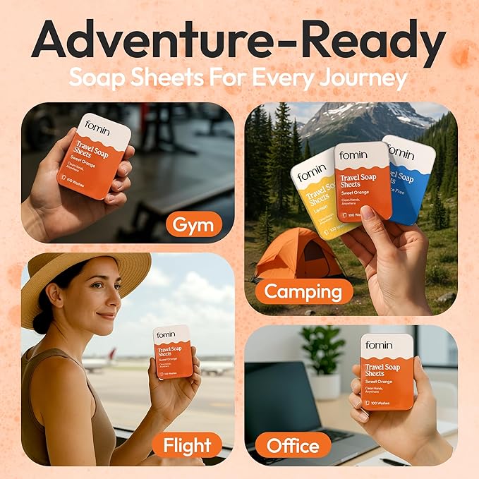 FOMIN - Antibacterial Paper Soap Sheets Tin for Traveling - (300 Sheets) Variety Pack - Portable Travel Hand Soap Sheet, Dissolvable Mini Camping Hand Soap for Hand Washing
