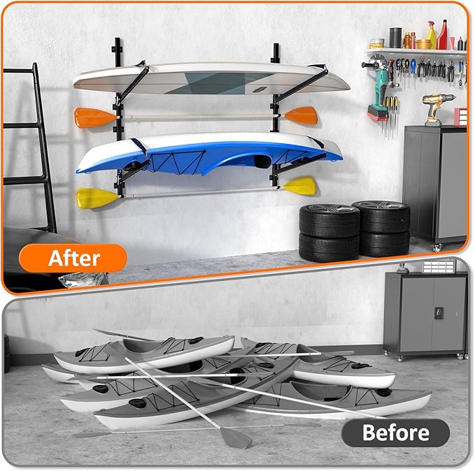 Kayak Storage Rack for Garage Wall Mount - Heavy L-Frame Holder with Anti-Slip Bungee & Complete Installation Kit, Supports 150LB (Fits Canoe/Paddle Board, Black) (2PACK)