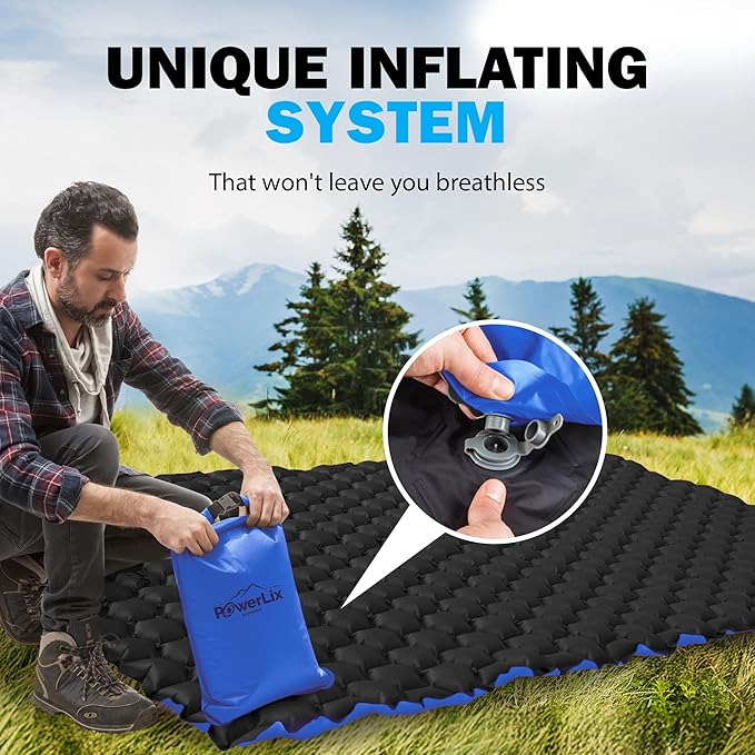 POWERLIX Double Inflatable Sleeping Pad - Camping Mattress for Backpacking, Hiking Traveling, Compact Camping Sleeping Mat for 2 Person, Portable Ultralight Camping Pad Air Mattress Blue