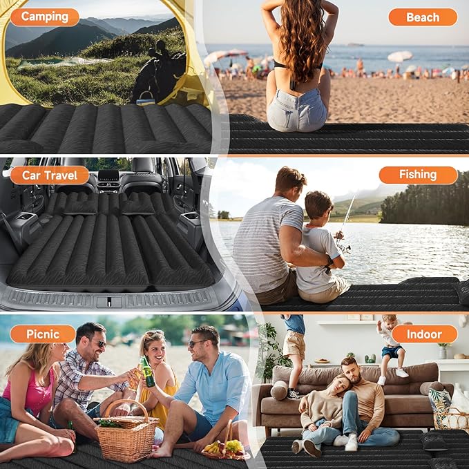 SUV Air Mattress: Inflatable Car Air Mattress for Camping, Flocking Car Bed with Air Pump & 2 Pillows, Portable Sleeping Pad Mattress for Home Car Travel Camping Black