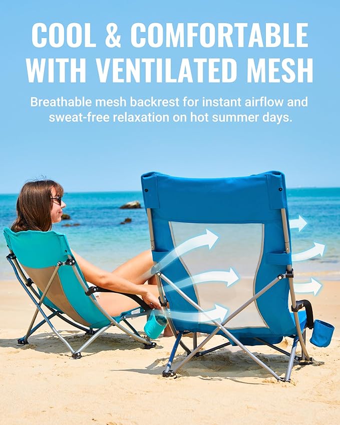 KingCamp Low Beach Chairs, Portable Folding Chair for Adults Extra Wide Ergonomic High Back Seat 300lbs Heavy Duty Lightweight Oversized Gear with Carry Bag for Outdoor Lawn Camping Picnic