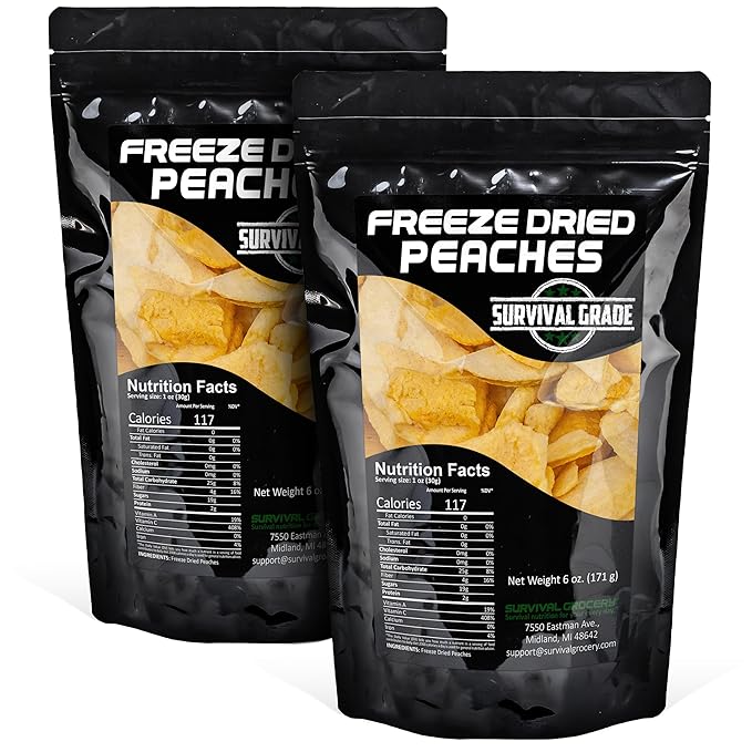 Survival Grocery Freeze Dried Peaches – All-Natural, No Added Sugar or Preservatives, Rich in Vitamin C & Fiber, Long Shelf Life, Healthy Snack for Yogurt, Smoothies, Baking & On-the-Go (12 oz./2 Bags)
